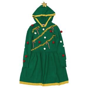 Girls Green Knit Blinged Out Tinsel Christmas Tree Hoodie Holiday Dress L 10-12